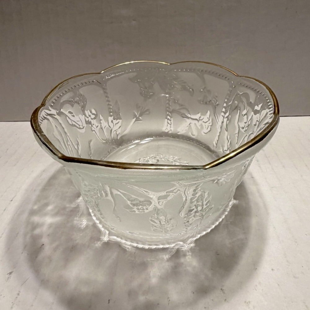 Vintage KIG Indonesia Frosted Glass Candy Bowl Gold Rim Floral Scalloped 5.5"